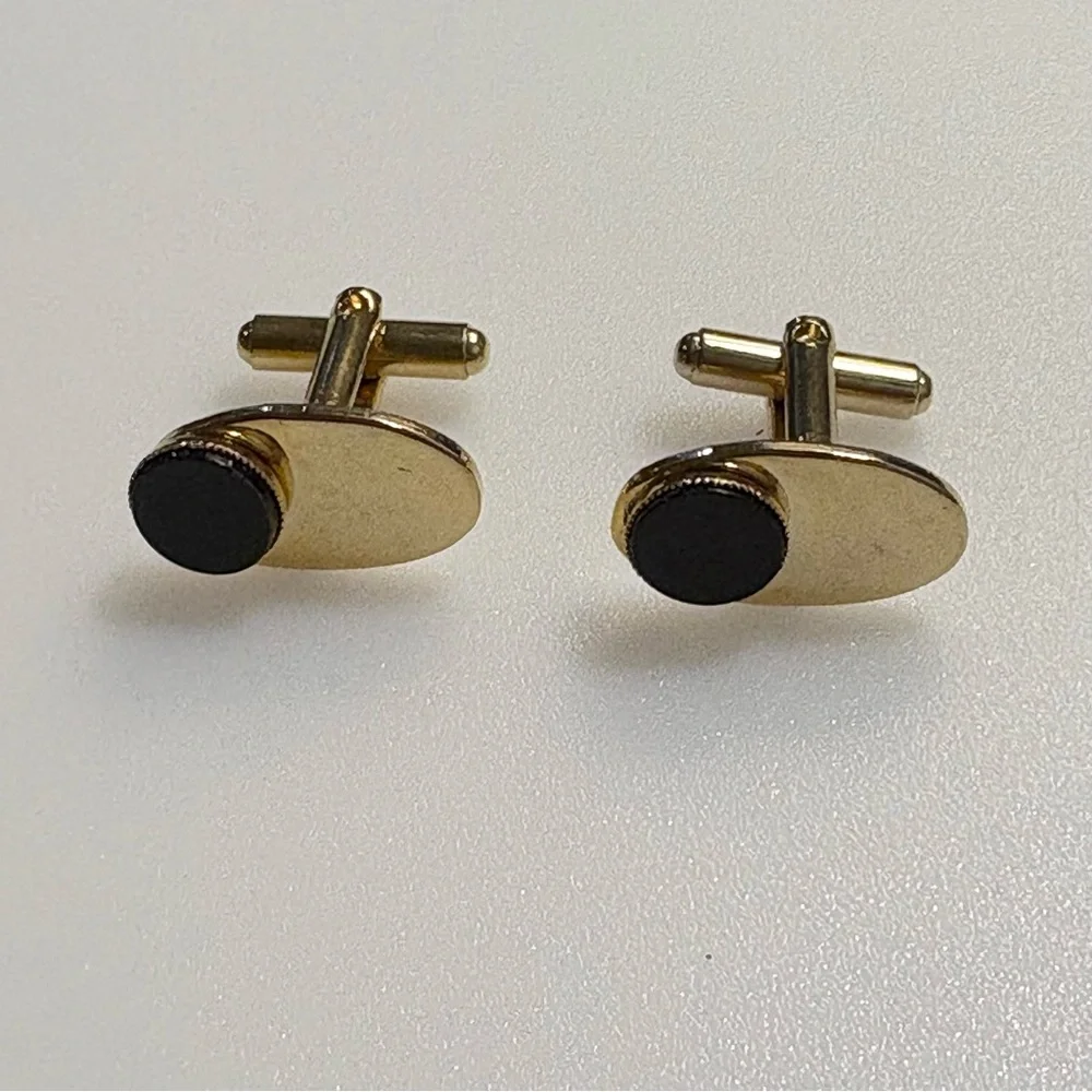 Cuff Links Gold Tone with Black Stone Accents